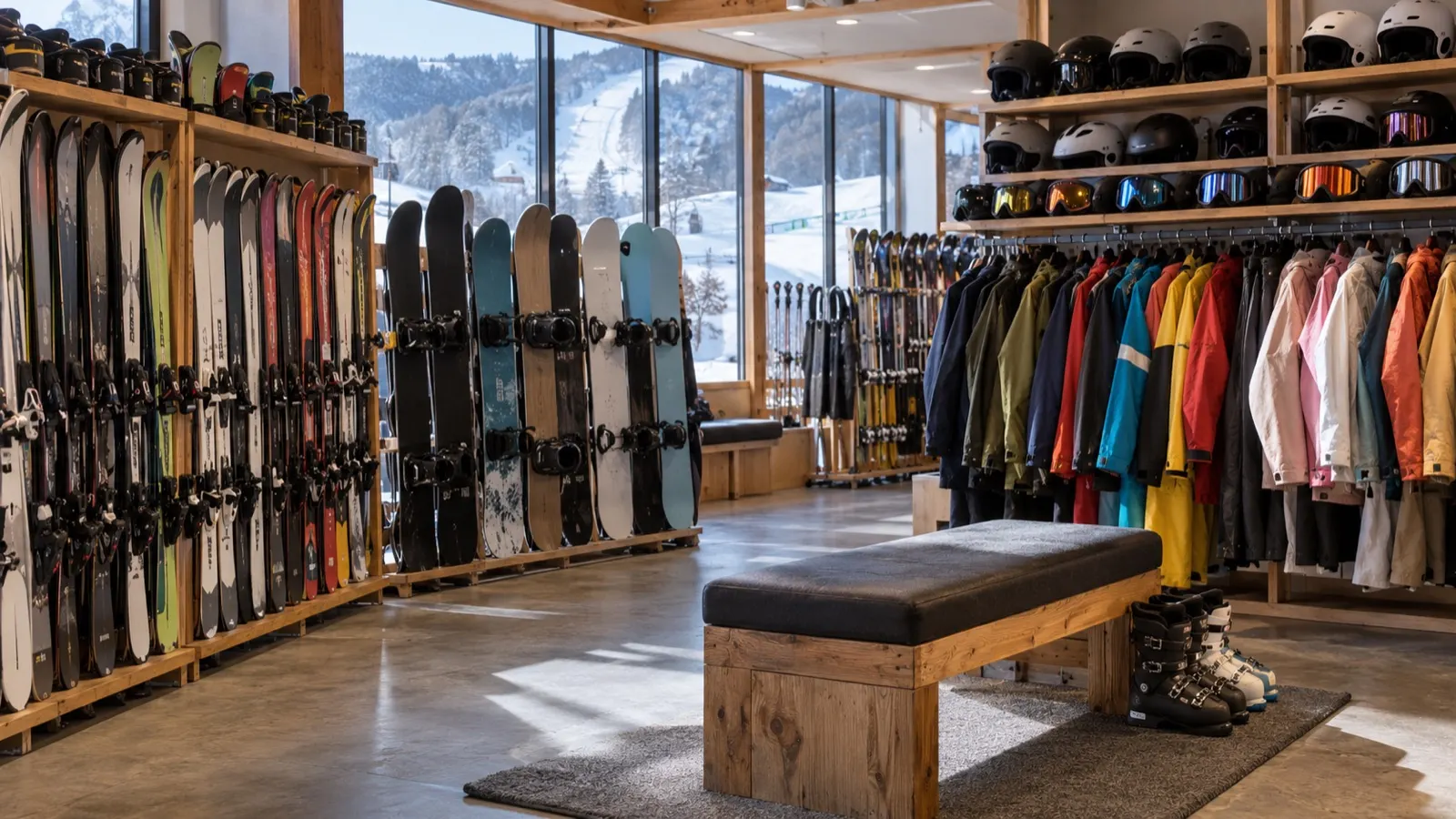 스키와 보드, 헬멧, 스키복이 정리된 렌탈샵 내부